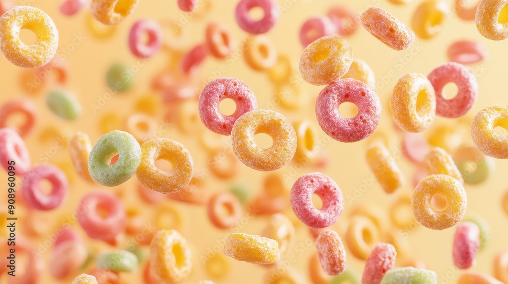 A close-up image of colorful cereal rings falling against a bright yellow background. The rings are in various positions, creating a dynamic and playful visual. A close-up image of colorful cereal rings falling against a bright yellow background. The rings are in various positions, creating a dynamic and playful visual.
