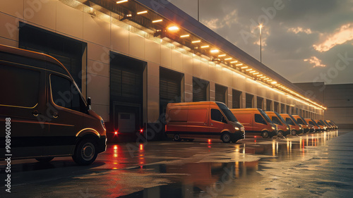 A fleet of delivery vans parked at a logistics center, high resolution