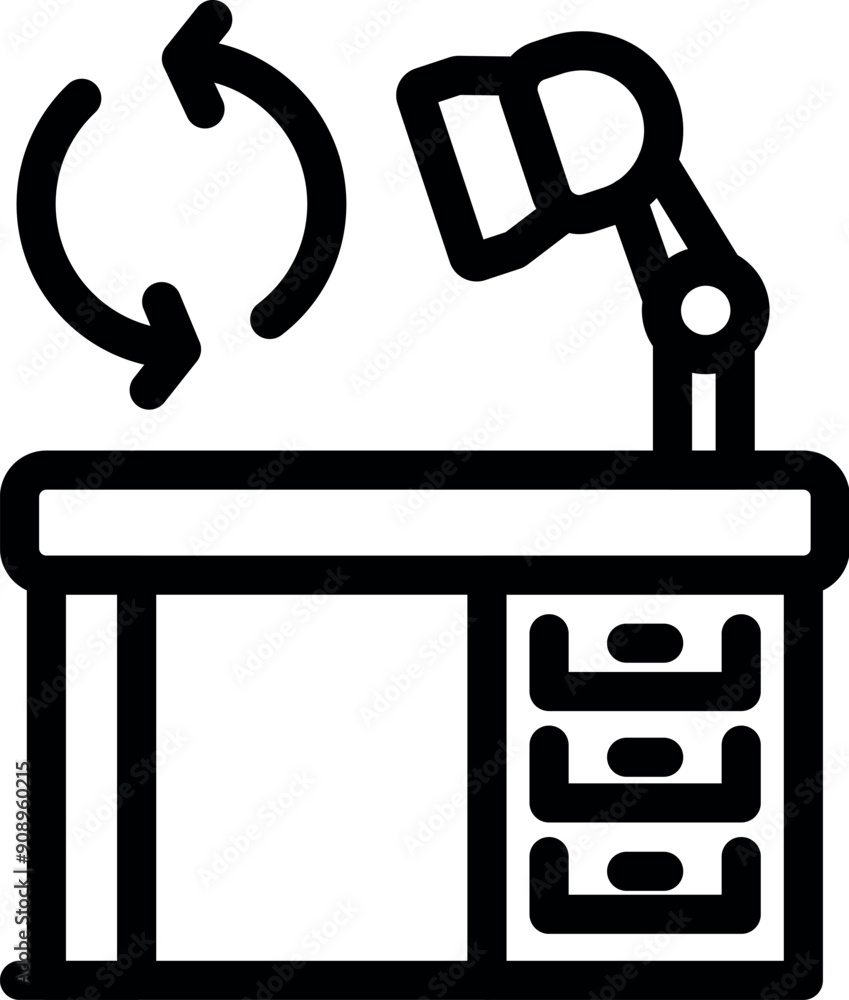Simple clean line art icon of an office desk with an adjustable lamp shining on it with an update symbol above Simple clean line art icon of an office desk with an adjustable lamp shining on it with an update symbol above