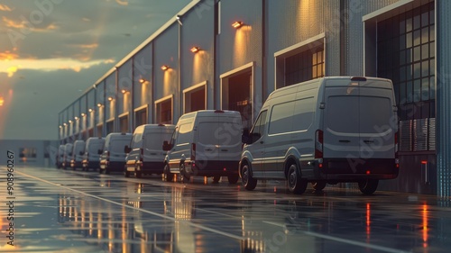 A fleet of delivery vans parked at a logistics center, high resolution