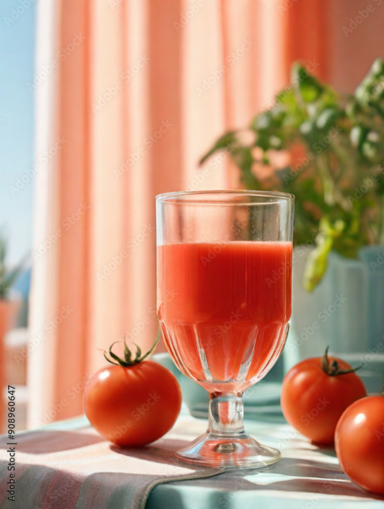 Fresh squeezed tomato juice in glass on the table, healthy drink option rich in vitamins and nutrients such as potassium, necessary for heart functioning. Fresh squeezed tomato juice in glass on the table, healthy drink option rich in vitamins and nutrients such as potassium, necessary for heart functioning.