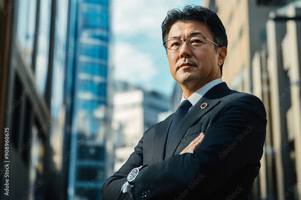 Fototapeta premium Japanese businessman checking his watch while standing