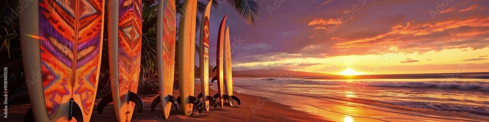 Surfboards, each with a unique tribal print, standing along a beach as the sun sets in a spectacular display of oranges and purples, perfect for a surf-themed photo shoot