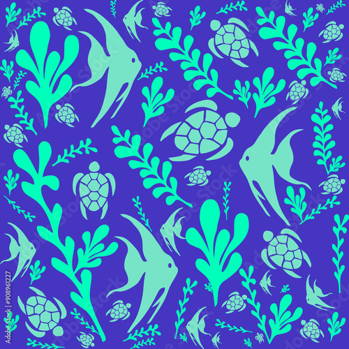 Floral Pattern, Background Pattern blue, Fish and turtles swimming ,Sea Tree, Green and blue Seamless.