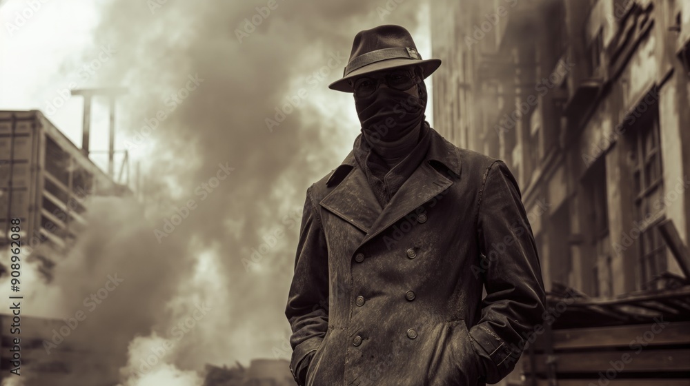 captivating dieselpunk portrait of a vigilante, with a mask and trench coat, standing before a backdrop of smoke-filled streets and industrial decay, embodying the gritty charm of dieselpunk captivating dieselpunk portrait of a vigilante, with a mask and trench coat, standing before a backdrop of smoke-filled streets and industrial decay, embodying the gritty charm of dieselpunk