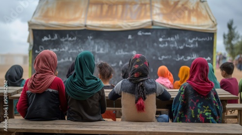 Refugees attending a makeshift school, emphasizing the importance of education for displaced children and their future prospects photo