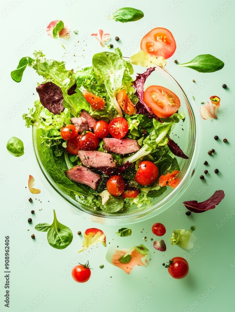 A vibrant salad with juicy steak slices, fresh greens, cherry tomatoes, and herbs, symbolizing health, flavor, nutrition, freshness, and indulgence. A vibrant salad with juicy steak slices, fresh greens, cherry tomatoes, and herbs, symbolizing health, flavor, nutrition, freshness, and indulgence.
