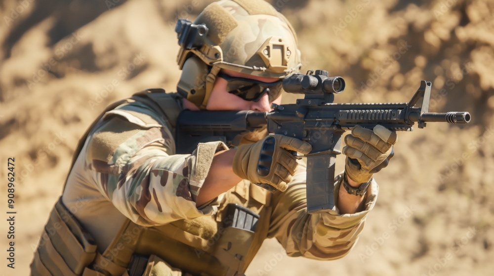 Fototapeta premium A soldier is focused and aiming his precision rifle during a tactical training exercise, showcasing a desert backdrop under clear skies