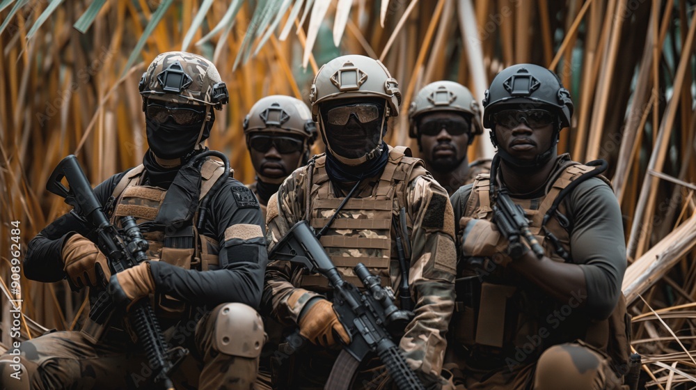 A group of highly trained soldiers stands confidently in a dense jungle, equipped with rifles and tactical gear, showcasing their readiness and skill A group of highly trained soldiers stands confidently in a dense jungle, equipped with rifles and tactical gear, showcasing their readiness and skill