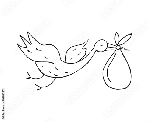 A stork carries a baby in a bag. Vector illustration of a new addition to the family. Doodle style