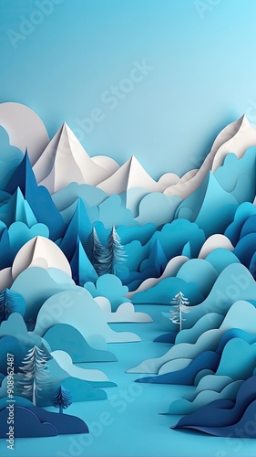3D abstract background with paper cut shapes. blue carving art. Papercraft landscape