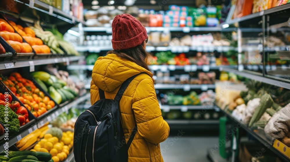 A young woman wearing a yellow jacket and red beanie explores the grocery store's produce section filled with colorful fruits and vegetables A young woman wearing a yellow jacket and red beanie explores the grocery store's produce section filled with colorful fruits and vegetables