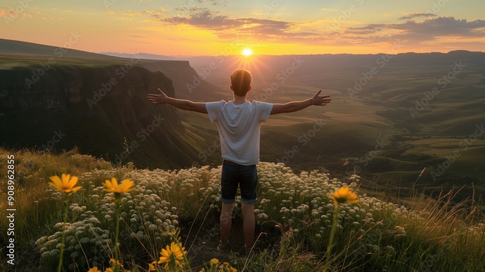 Fototapeta premium A person stands with arms outstretched, surrounded by wildflowers, as the sun rises over the rolling hills, creating a stunning view in a tranquil natural setting