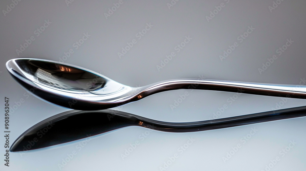 Close-up of a sleek metal spoon with soft reflections on a plain surface Close-up of a sleek metal spoon with soft reflections on a plain surface