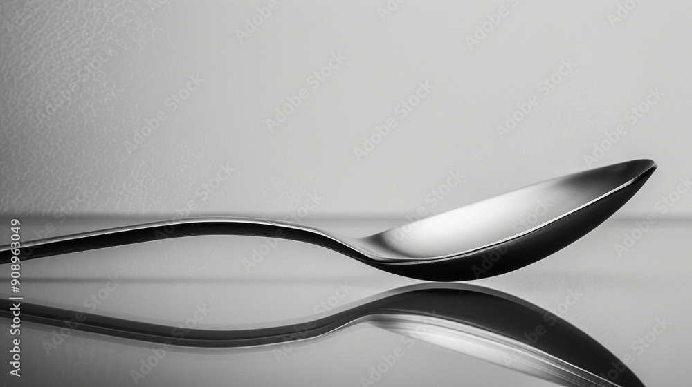 Close-up of a sleek metal spoon with soft reflections on a plain surface Close-up of a sleek metal spoon with soft reflections on a plain surface