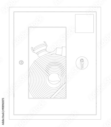 Fire hose or firehose vector icon. Include nozzle, hose reel. Extinguisher or safety equipment tool in steel box wall for firefighter to extinguish, fighting fire, protection and rescue in emergency.