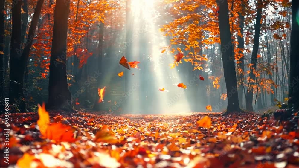 a vibrant autumn forest, filled with rich hues of red, orange, and gold as soft sunlight filters through the changing leaves. The leaves sway gently as a faint wind blows through the trees. A few leav