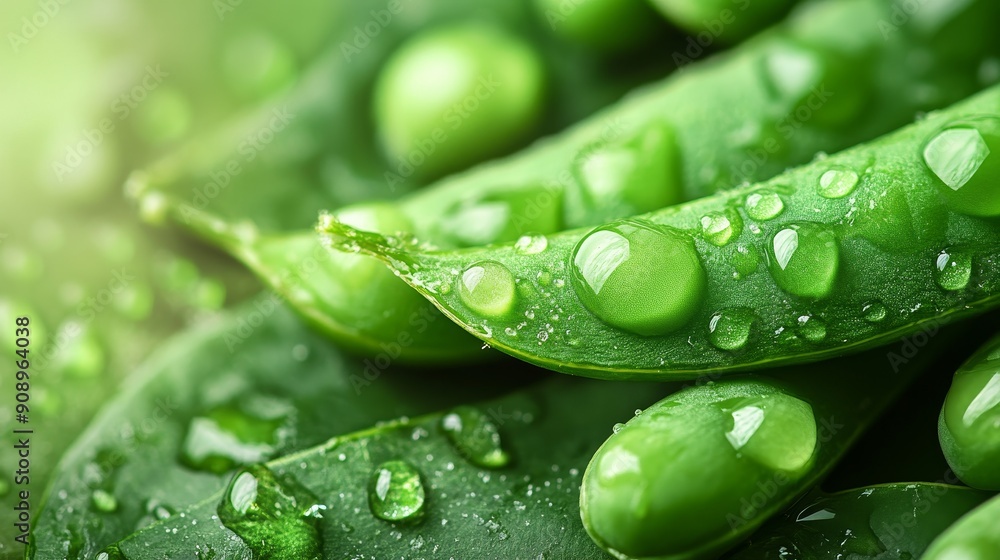 Close-up image of fresh green pea pods covered in dew drops, symbolizing nature, freshness, growth, vitality, and health. Close-up image of fresh green pea pods covered in dew drops, symbolizing nature, freshness, growth, vitality, and health.