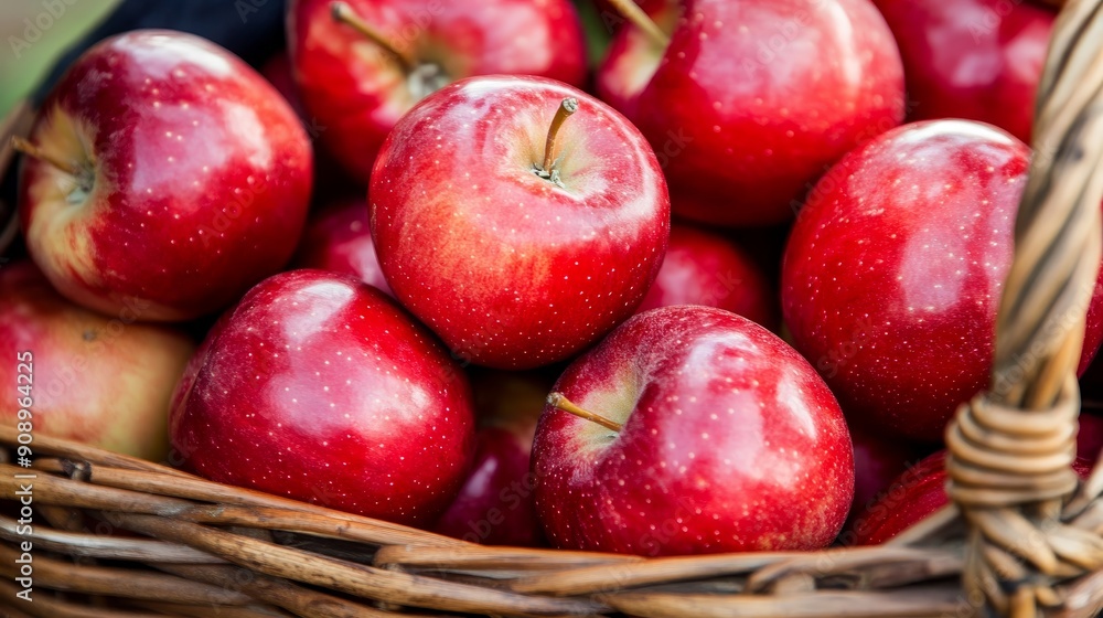 A basket overflowing with fresh, red apples, symbolizing health, abundance, harvest, and the bounty of nature. A basket overflowing with fresh, red apples, symbolizing health, abundance, harvest, and the bounty of nature.