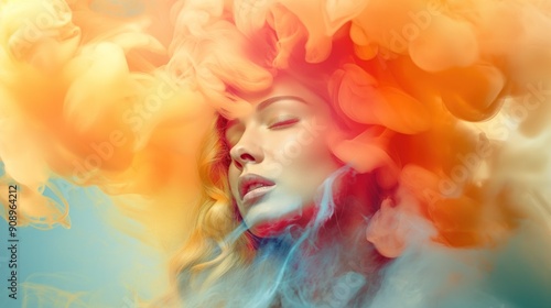 A woman with closed eyes is surrounded by vibrant, swirling clouds of orange and yellow smoke, creating a surreal and artistic atmosphere in a creative studio setting