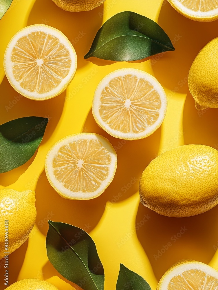 This image depicts fresh lemons and green leaves arranged on a vibrant yellow background. It symbolizes freshness, summer, and citrusy flavors This image depicts fresh lemons and green leaves arranged on a vibrant yellow background. It symbolizes freshness, summer, and citrusy flavors