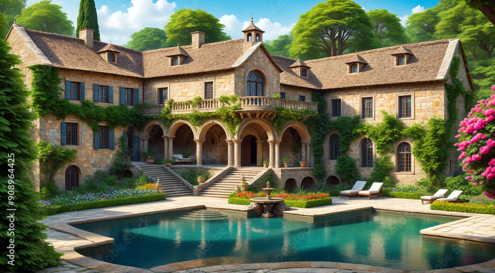 Luxury garden with big pool and plants, trees, Luxury Building Luxury garden with big pool and plants, trees, Luxury Building