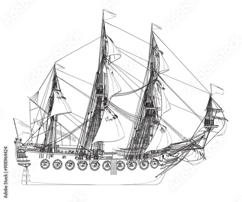 Outline of an ancient sailing frigate made of black lines isolated on a white background. Vector illustration.