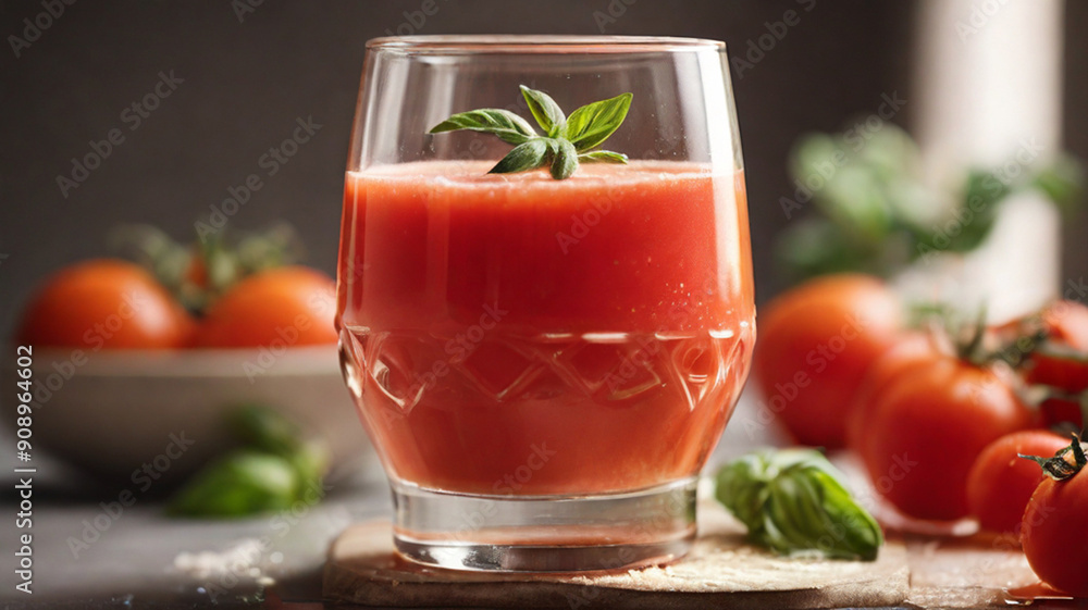 Fresh squeezed tomato juice in glass on the table, healthy drink option rich in vitamins and nutrients such as potassium, necessary for heart functioning. Fresh squeezed tomato juice in glass on the table, healthy drink option rich in vitamins and nutrients such as potassium, necessary for heart functioning.