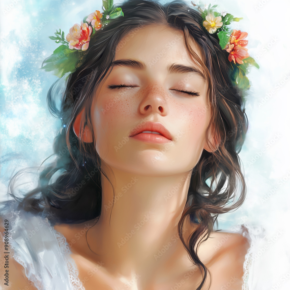 Close up of a young woman with closed eyes and a floral crown, against watercolor background Close up of a young woman with closed eyes and a floral crown, against watercolor background