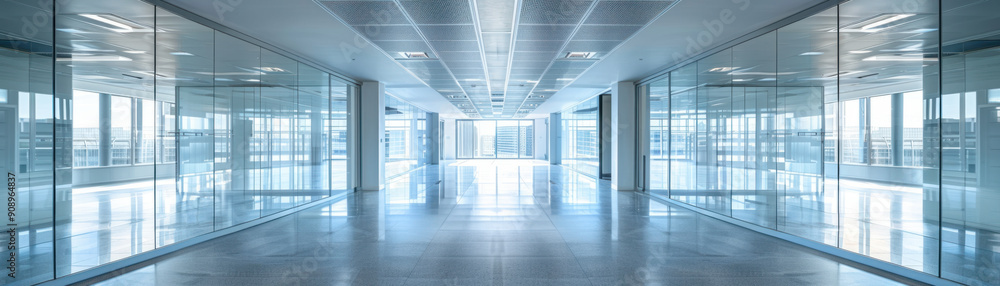 Modern office, Wide angle shot of an empty modern office with glass partitions, emphasizing a clean and minimalist aesthetic. The space is well-lit with natural light pouring Modern office, Wide angle shot of an empty modern office with glass partitions, emphasizing a clean and minimalist aesthetic. The space is well-lit with natural light pouring