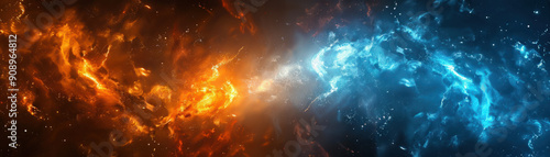 Versus background, Two swirling neon plasma beams meet at their center, releasing a chaotic yet beautiful explosion of light and color in blue and orange, contrasting sharply with