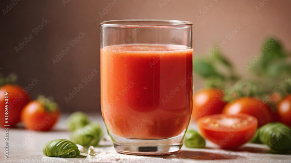Fresh squeezed tomato juice in glass on the table, healthy drink option rich in vitamins and nutrients such as potassium, necessary for heart functioning. Fresh squeezed tomato juice in glass on the table, healthy drink option rich in vitamins and nutrients such as potassium, necessary for heart functioning.