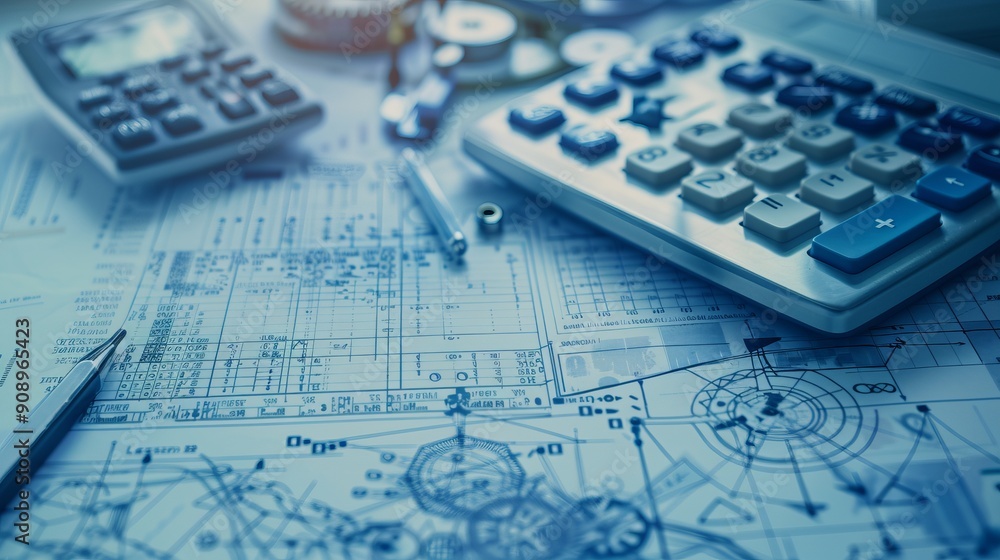 Calculator, blueprints, and technical drawings on a desk highlighting the elements essential for engineering and architectural projects. A concept image depicting work and technology. Calculator, blueprints, and technical drawings on a desk highlighting the elements essential for engineering and architectural projects. A concept image depicting work and technology.