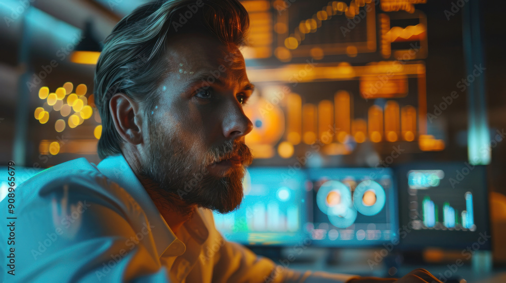 Business technology, A focused businessman, seated in a minimalist office, interacts with a vibrant holographic display. The floating report presents graphs and charts, casting a Business technology, A focused businessman, seated in a minimalist office, interacts with a vibrant holographic display. The floating report presents graphs and charts, casting a