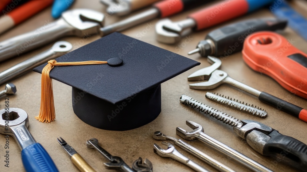 Fototapeta premium A graduation cap rests on a surface of various tools, symbolizing education, career, skills, and the future.