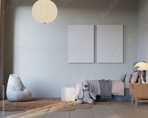 poster mockup in kids bedroom interior background. modern classic style. 3d Rendering