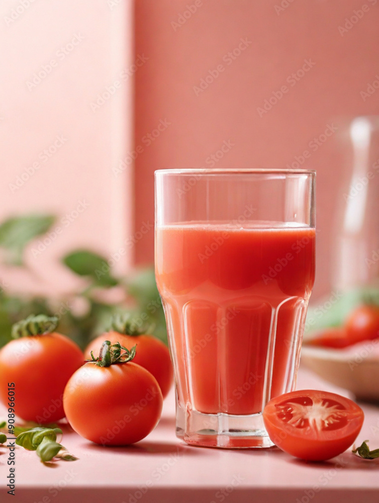 Fresh squeezed tomato juice in glass on the table, healthy drink option rich in vitamins and nutrients such as potassium, necessary for heart functioning.
