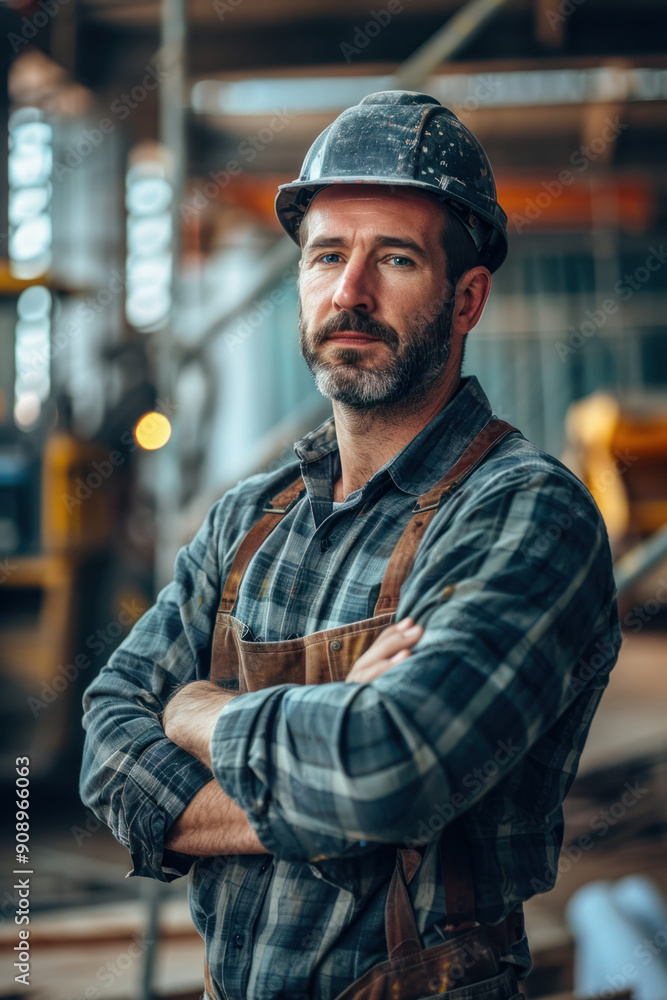 Engineering, A male engineer in a hard hat stands with arms crossed at a construction site, layered with blueprints and tools. The dynamic scene captures collaboration as workers Engineering, A male engineer in a hard hat stands with arms crossed at a construction site, layered with blueprints and tools. The dynamic scene captures collaboration as workers