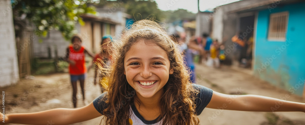 Happy Girl Smiling in a Latin American Community - A young girl with long brown hair smiles brightly in a Latin American community. Her open arms and joyful expression embody the warmth and welcoming Happy Girl Smiling in a Latin American Community - A young girl with long brown hair smiles brightly in a Latin American community. Her open arms and joyful expression embody the warmth and welcoming