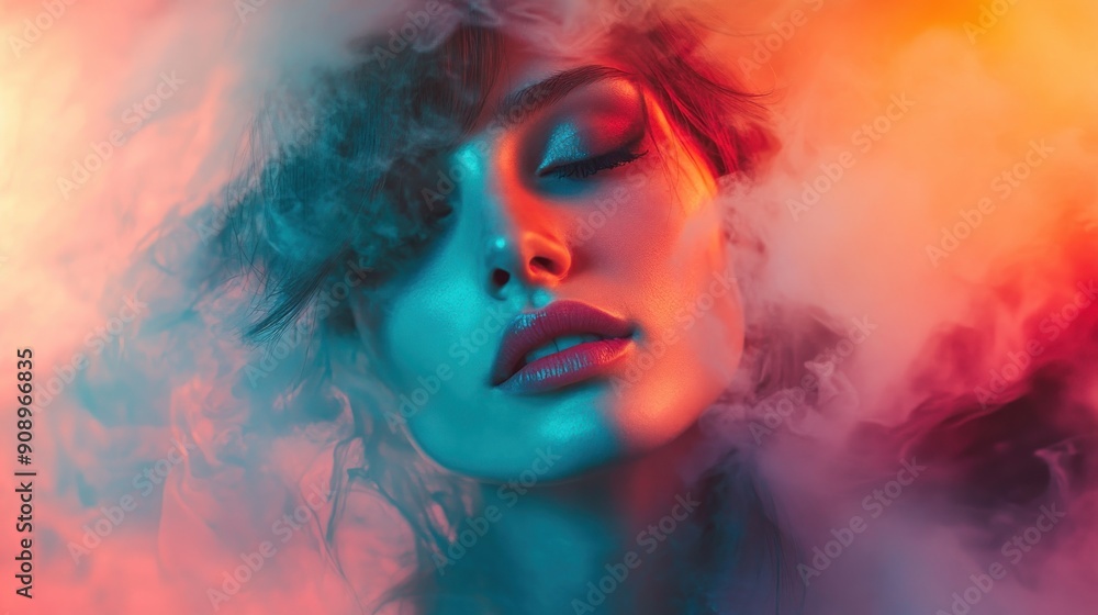 Close-up of Woman's Face with Eyes Closed in Colorful Smoke Close-up of Woman's Face with Eyes Closed in Colorful Smoke