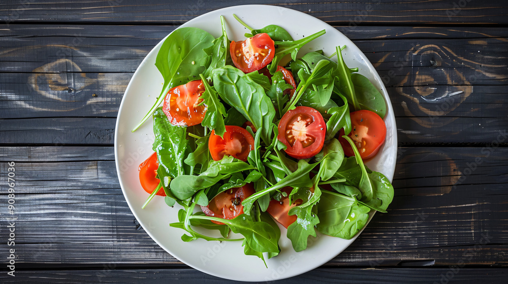Vibrant and fresh salad of spinach, arugula, and cherry tomatoes is displayed on a dark wooden table atop a white plate Vibrant and fresh salad of spinach, arugula, and cherry tomatoes is displayed on a dark wooden table atop a white plate