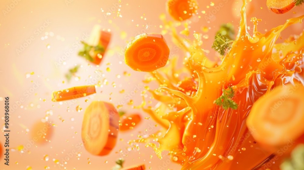 Carrot Juice Splash with Slices and Droplets Carrot Juice Splash with Slices and Droplets