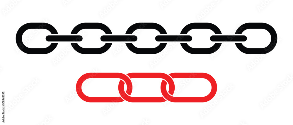 Chain icon set. Simple style isolated vector chain icon illustrations. Chain sign icon in flat style. Black and red chain vector icons on white background. Set of chain vector signs or symbols.