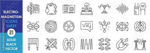 A set of line icon related to Electromagnetism. Electric, magnetic, circuit, capacitor, inductors, wires, electromagnetic, magnetic field and so on. Vector outline icons set.