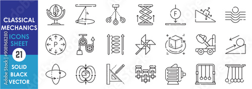 A set of line icons related to Classical Mechanics. Physics, pressure, pendulum, formula, diagram, motion, torque, magnetic, projectile, spring and so on. Vector outline icons set.