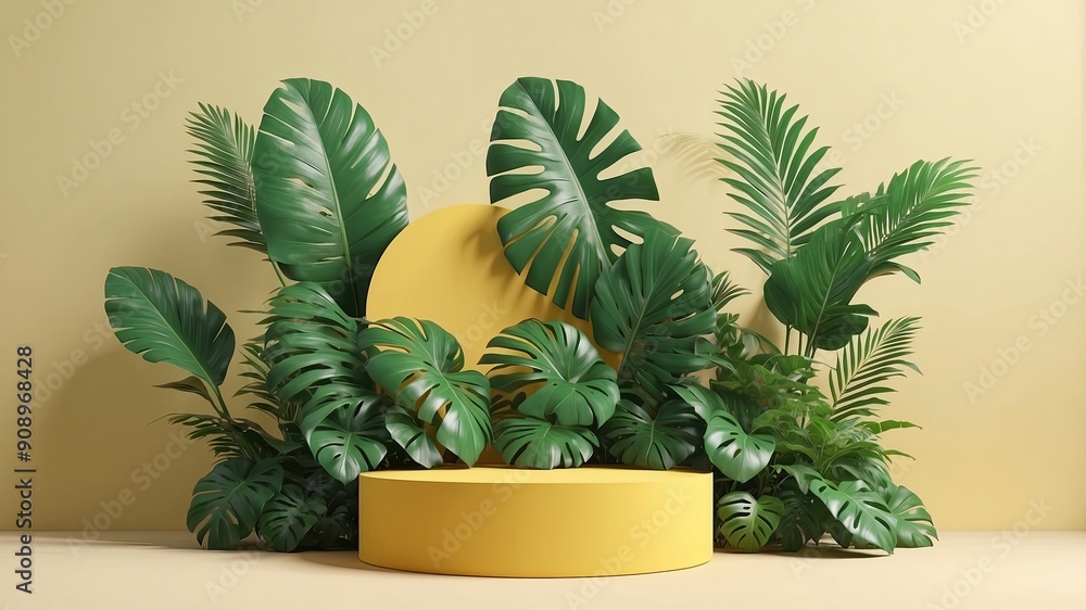 Fototapeta premium 3D podium showcased on a light yellow background with shadows in green tropical leaves of plants