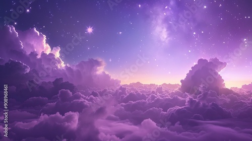 Fototapeta Naklejka Na Ścianę i Meble -  A dreamy twilight scene with a purple sky, dotted with stars, and fluffy clouds creating a surreal atmosphere. Ideal for fantasy and dream-themed designs.