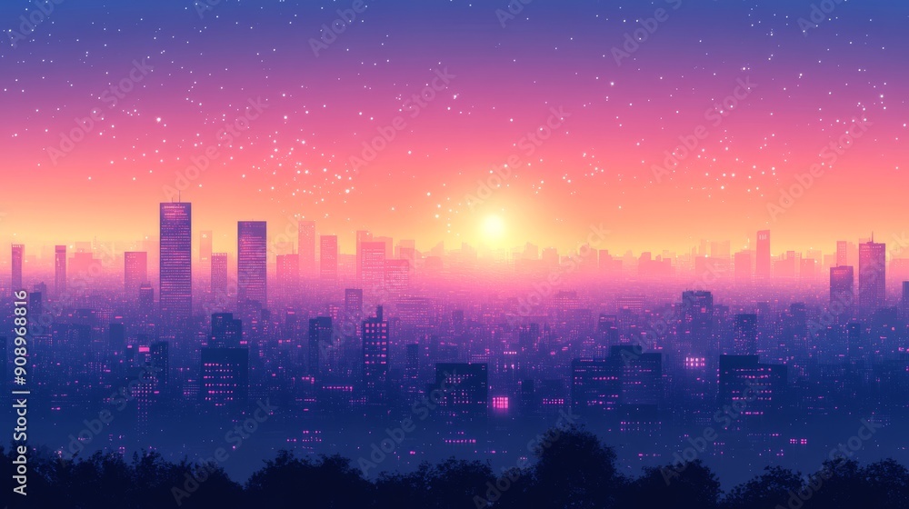 A Cityscape with a Pink and Blue Sunset and Stars A Cityscape with a Pink and Blue Sunset and Stars