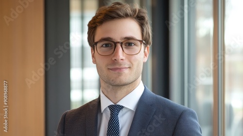 A young professional man in a dark blue suit and white shirt with a blue tie, wearing glasses, looking directly at the camera with a friendly and confident expression.