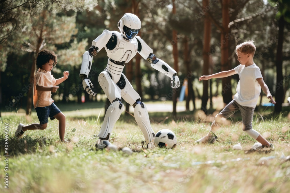 Fototapeta premium Robot playing football with the kids. Ai generative art